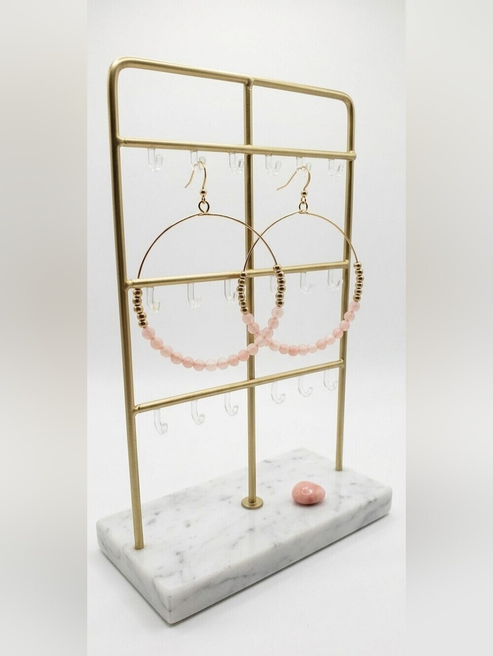 New Beaded Circle Hoop Earrings 1.75" Pink Coral Natural Stone Gold Plated